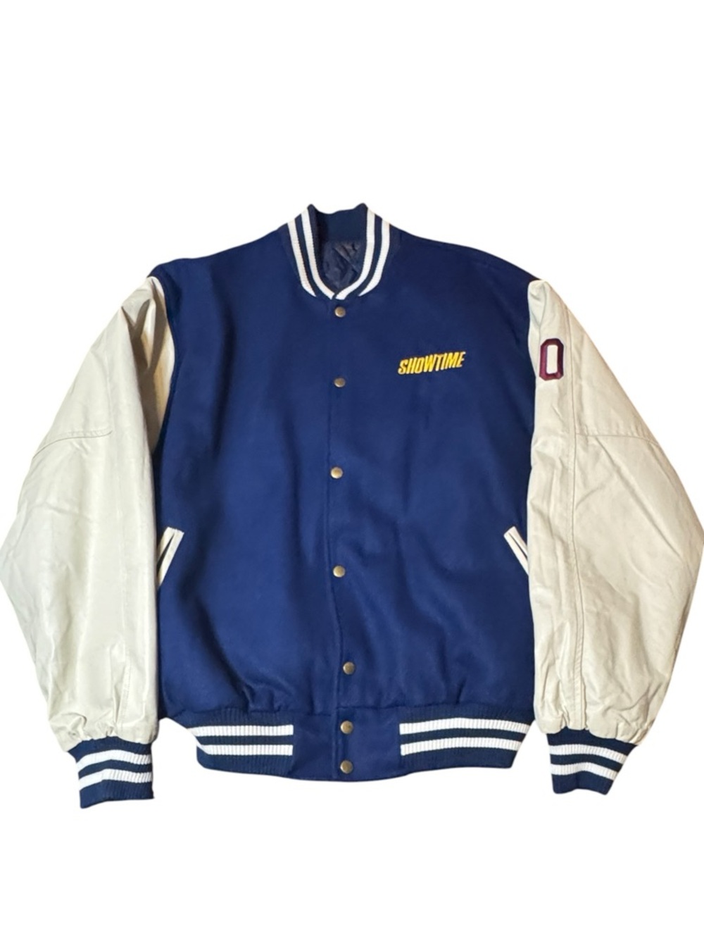 Vintage Showtime Championship Boxing Navy Cream Varsity Bomber Jacket Size XL